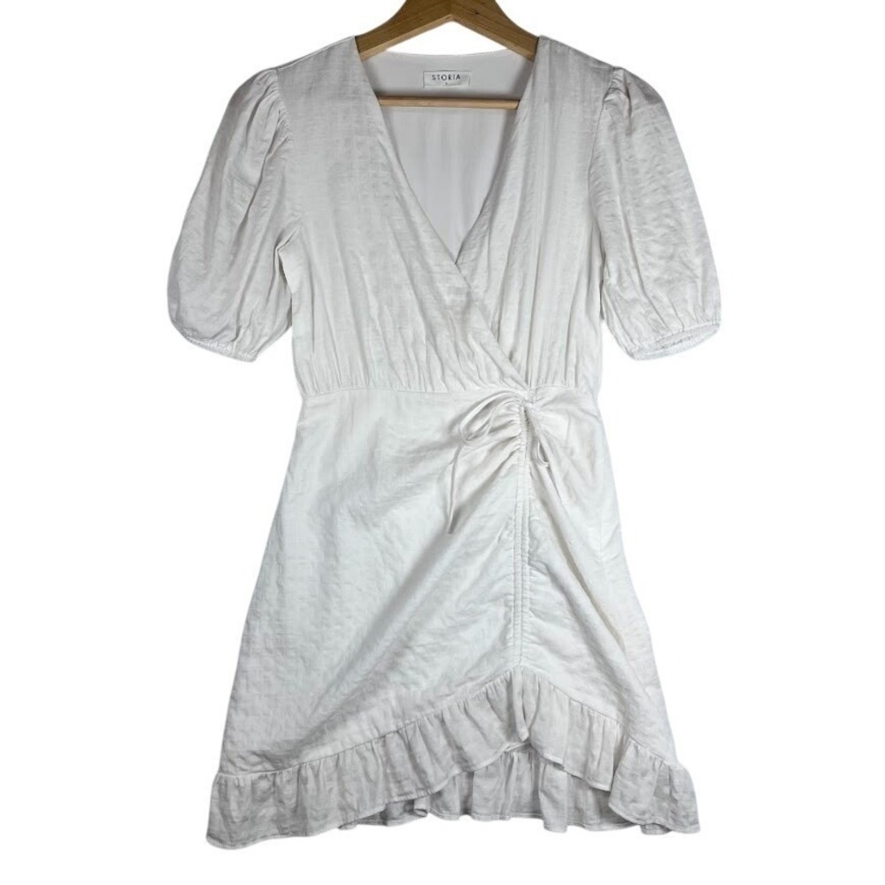 Storia White Wrap Mini Dress Small Puff Sleeve Ruffle Cottagecore Sorority Rush
